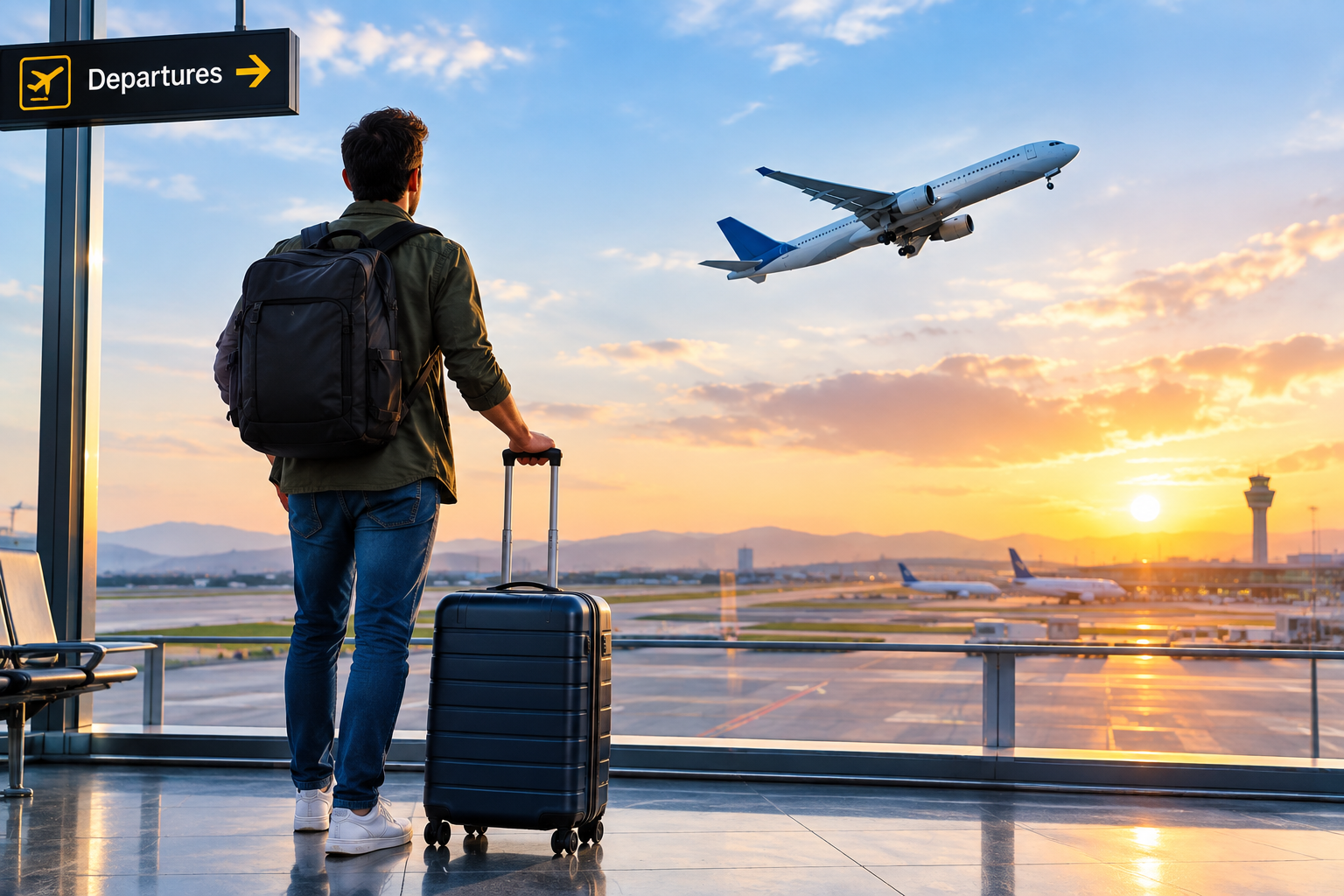 Travel luggage and airplane